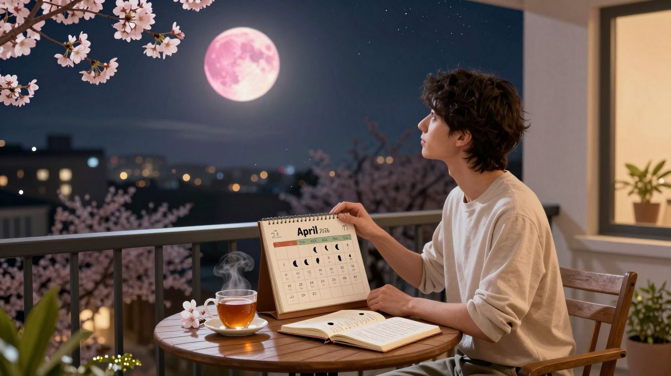 Jovem contempla a lua cheia rosa na varanda, com calendário lunar e chá quente numa mesa.