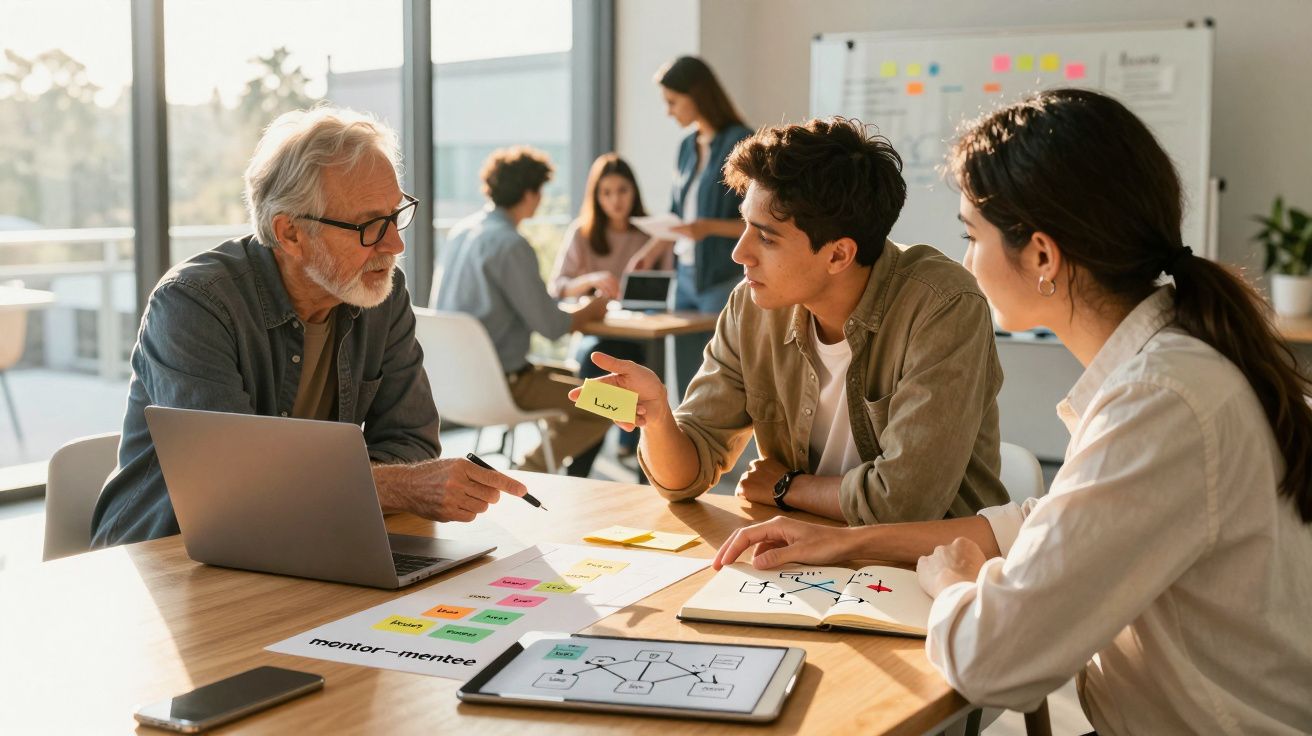Três pessoas em reunião colaborativa com post-its, laptop e tablet, discutindo ideias num escritório moderno.
