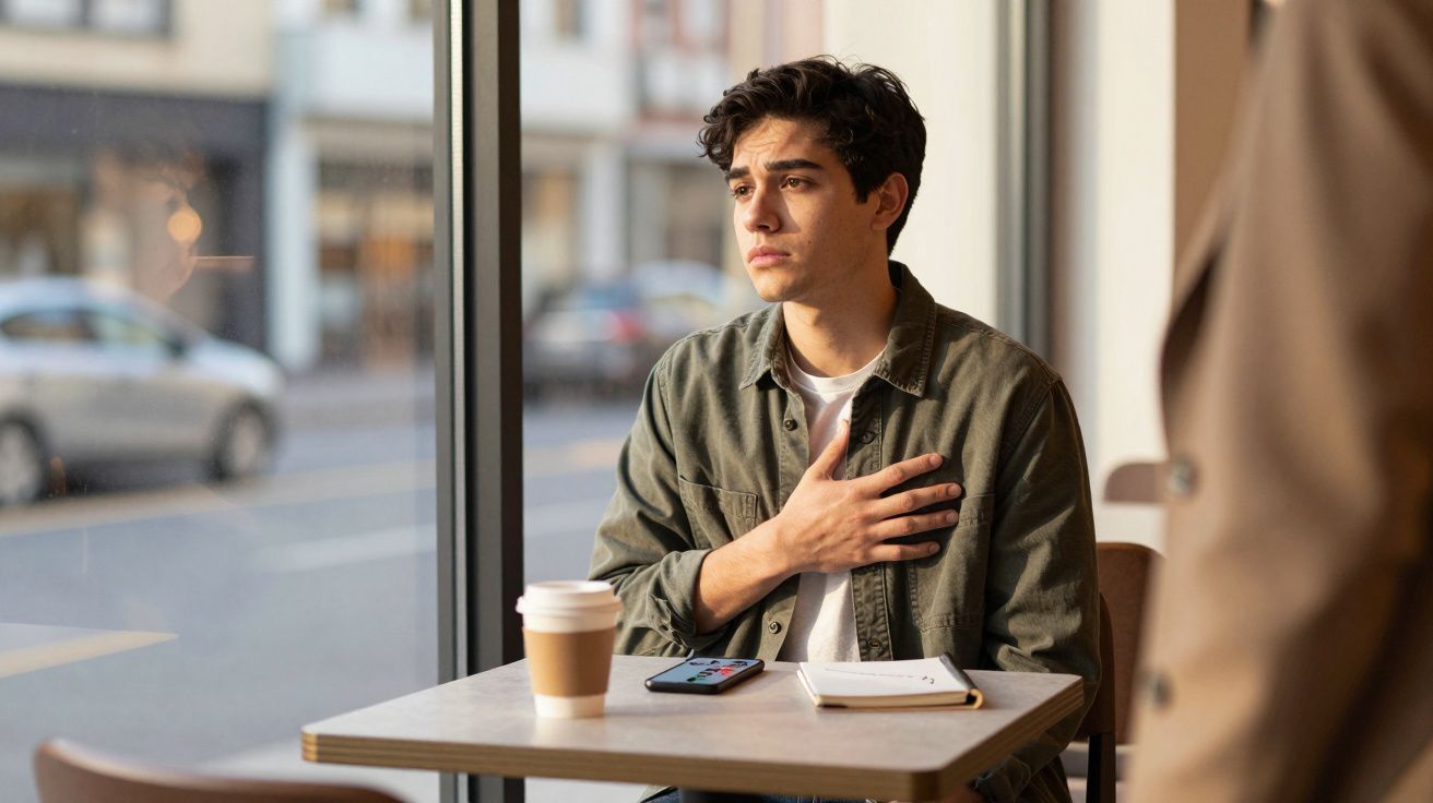 Jovem sentado numa cafetaria junto à janela, com a mão no peito e expressão pensativa.