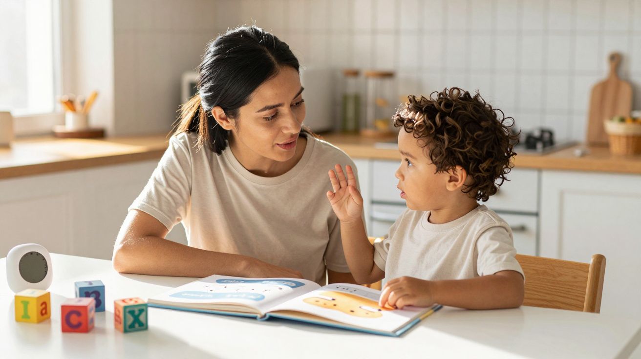 Mãe e filho pequeno sentados à mesa a ler um livro infantil numa cozinha bem iluminada.