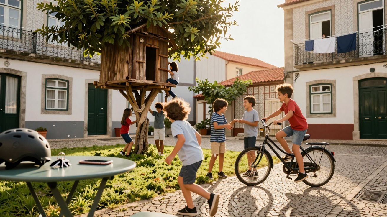 Crianças a brincar numa praça com uma casa na árvore, bicicleta e bicicletas num dia soalheiro.