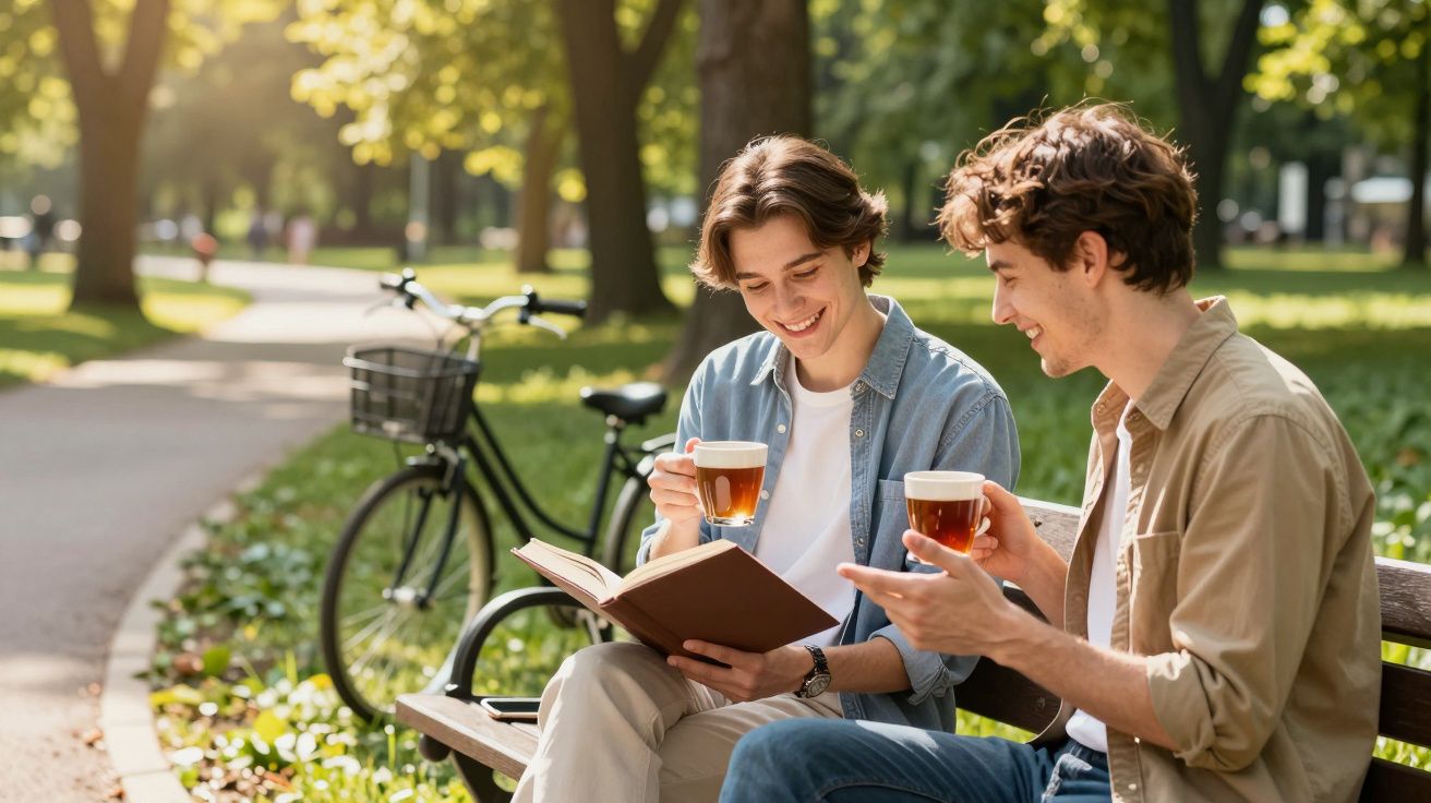 Dois jovens sentados num banco de parque, a beber chá e a ler um livro, com uma bicicleta encostada.