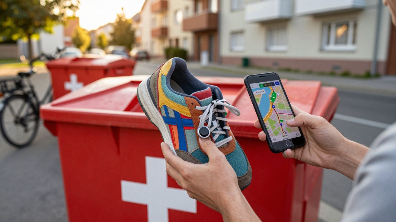 Pessoa segura um sapato com pedómetro e telemóvel com app de GPS junto a contentor de recolha de roupa na rua.