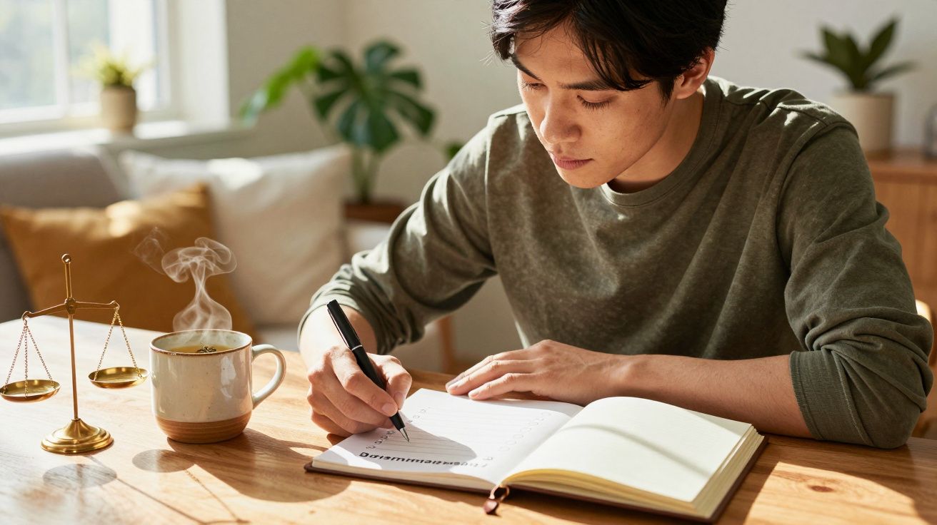 Jovem a escrever num caderno numa mesa de madeira com uma chávena de café fumegante e decoração de balança dourada.