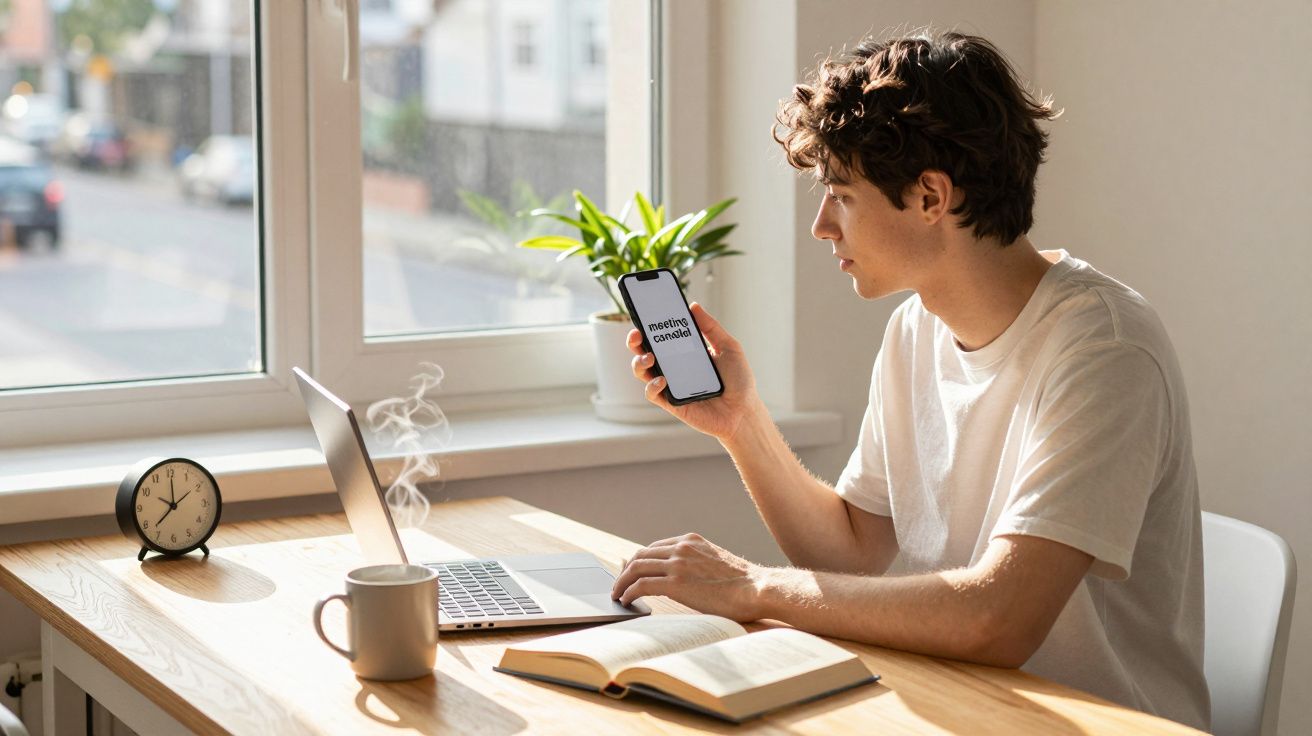 Jovem sentado a trabalhar num computador portátil, segurando telemóvel que mostra "Reunião cancelada".