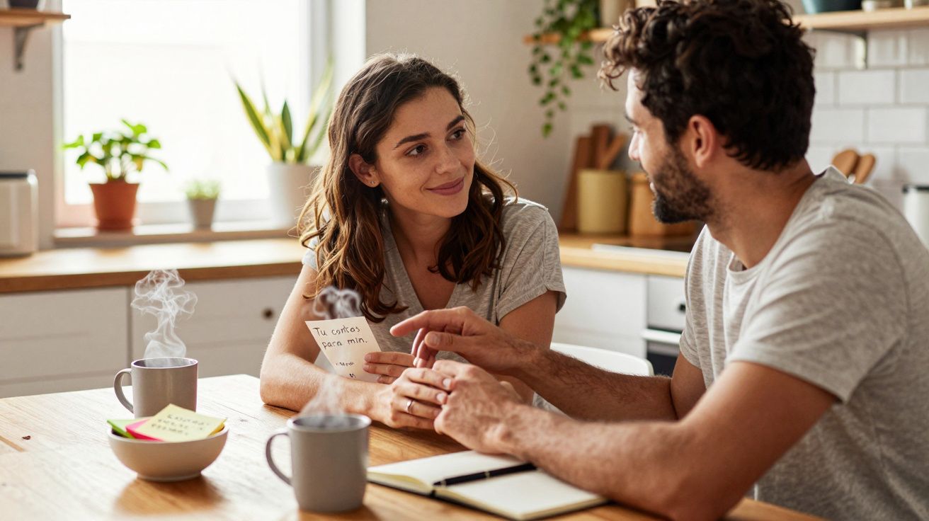 Casal sentado à mesa na cozinha a conversar, ela segura nota com mensagem escrita.