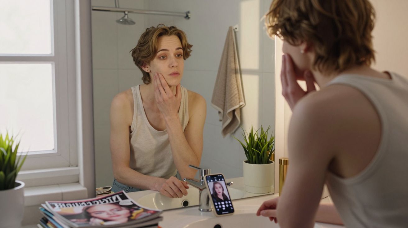 Pessoa jovem a olhar-se ao espelho na casa de banho, tocando no rosto, com smartphone apoiado na sanita.