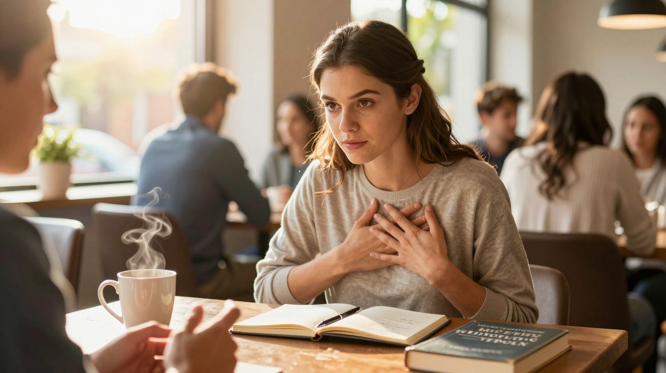Mulher sentada numa mesa de café com expressão preocupada, segurando o peito e a conversar com outra pessoa.