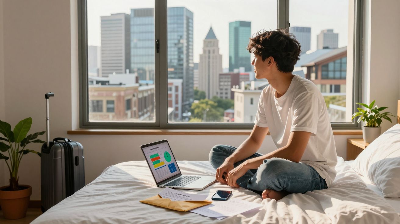 Jovem sentado na cama a trabalhar num portátil, com vista para arranha-céus urbanos pela janela.