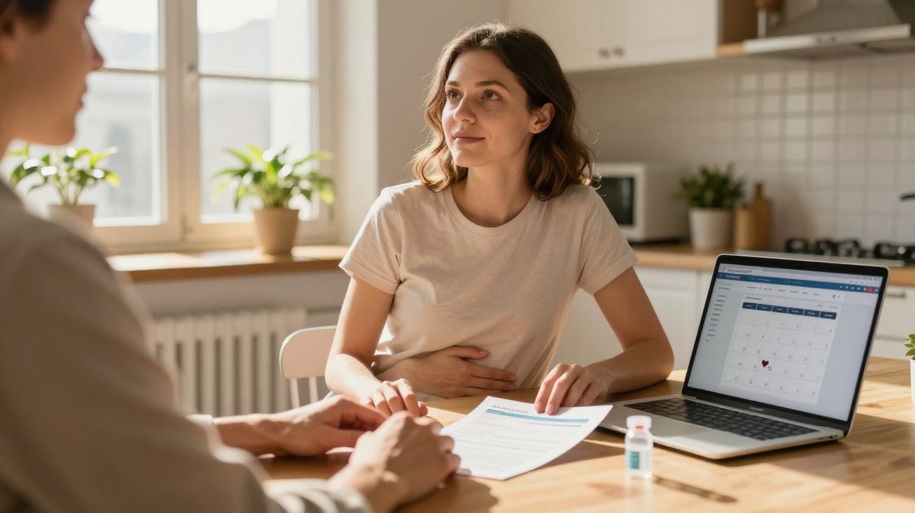 Mulher com mão na barriga numa consulta médica, com documento e calendário no portátil à sua frente.