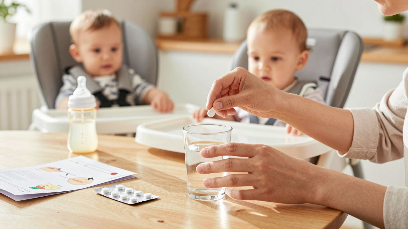 Mãos de adulto a colocar comprimido num copo de água, com dois bebés em cadeiras altas ao fundo, e biberão na mesa.