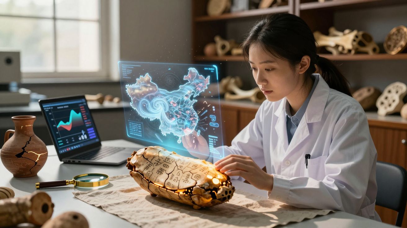Mulher cientista em laboratório interage com holograma de mapa, investigando artefato antigo partido sobre mesa.