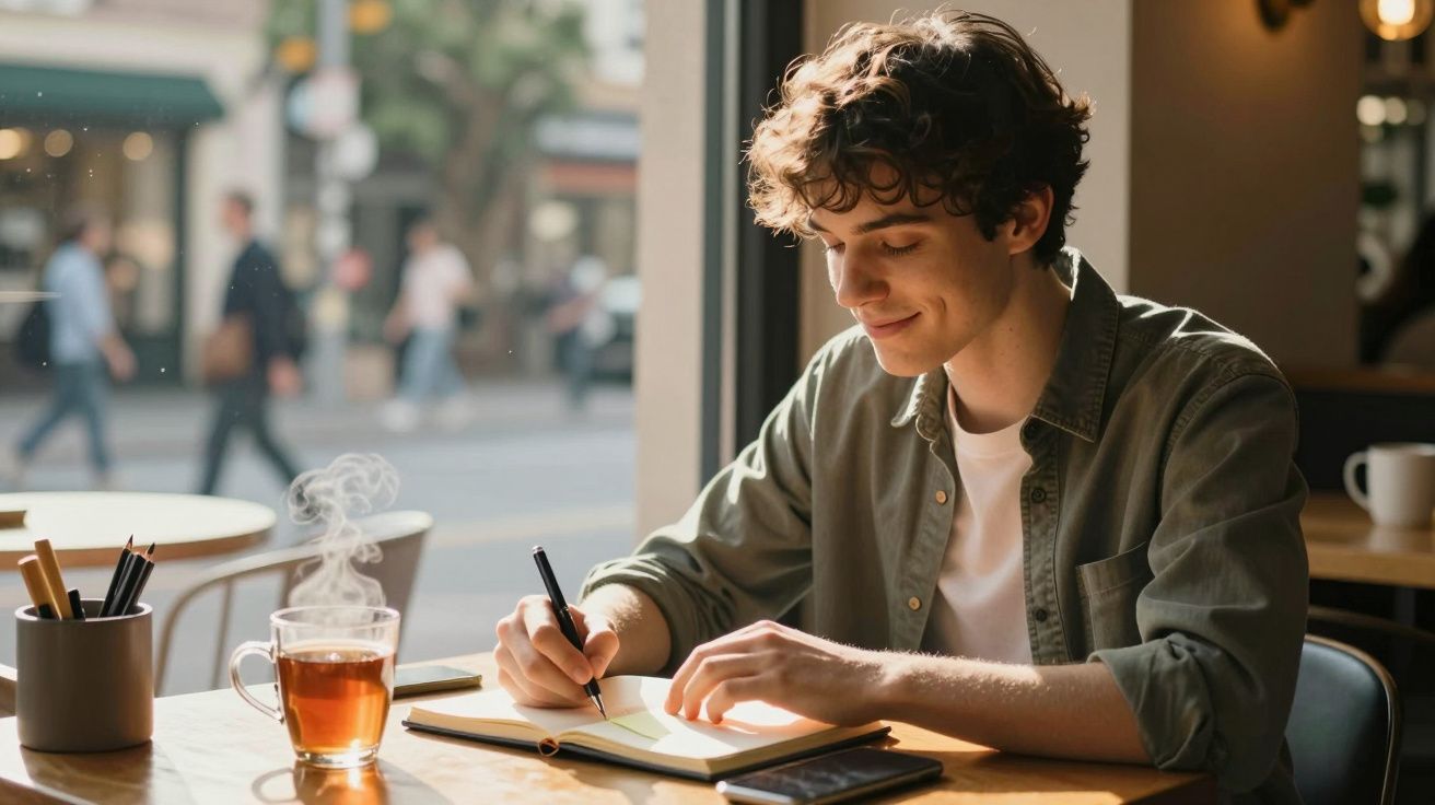 Jovem sentado numa cafeteria a escrever num caderno, com chá quente e canetas na mesa.