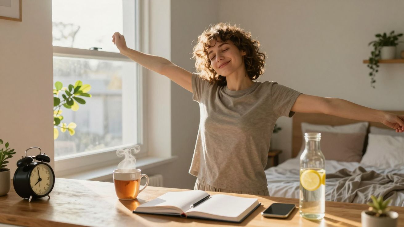 Mulher espreguiçando-se de manhã numa cozinha iluminada, com chá quente e agenda sobre a mesa.