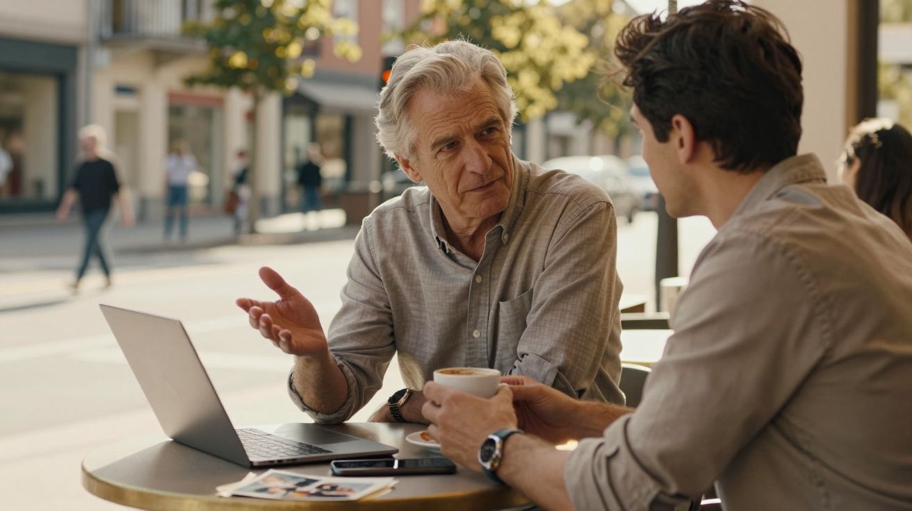 Dois homens sentados num café ao ar livre, a conversar, com um computador portátil e uma chávena à mesa.