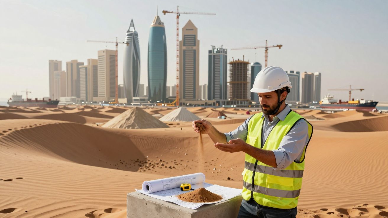 Engenheiro com capacete e colete reflete areia em projeto junto a arranha-céus e gruas.