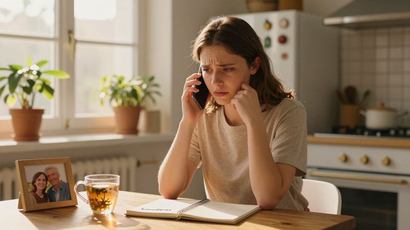 Mulher preocupada ao telefone sentada numa mesa com chá, caderno aberto e foto em moldura ao lado.