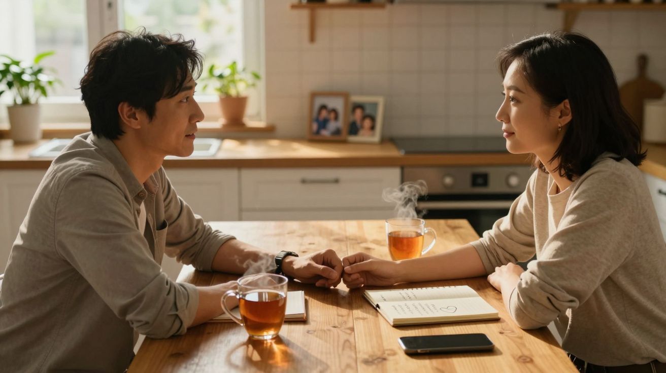 Casal sentado à mesa da cozinha, de mãos dadas, com chá quente e um caderno aberto à frente.