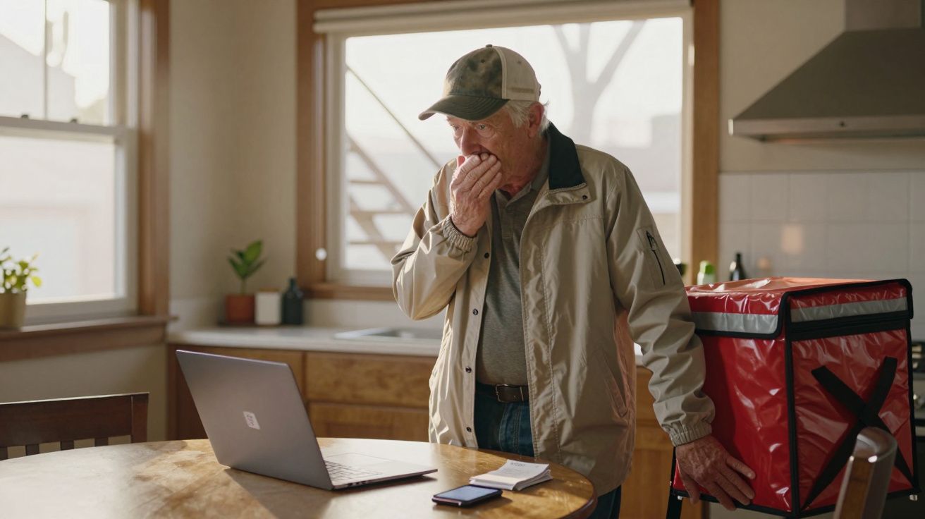 Homem idoso com o rosto surpreendido ao olhar para o portátil numa cozinha iluminada.