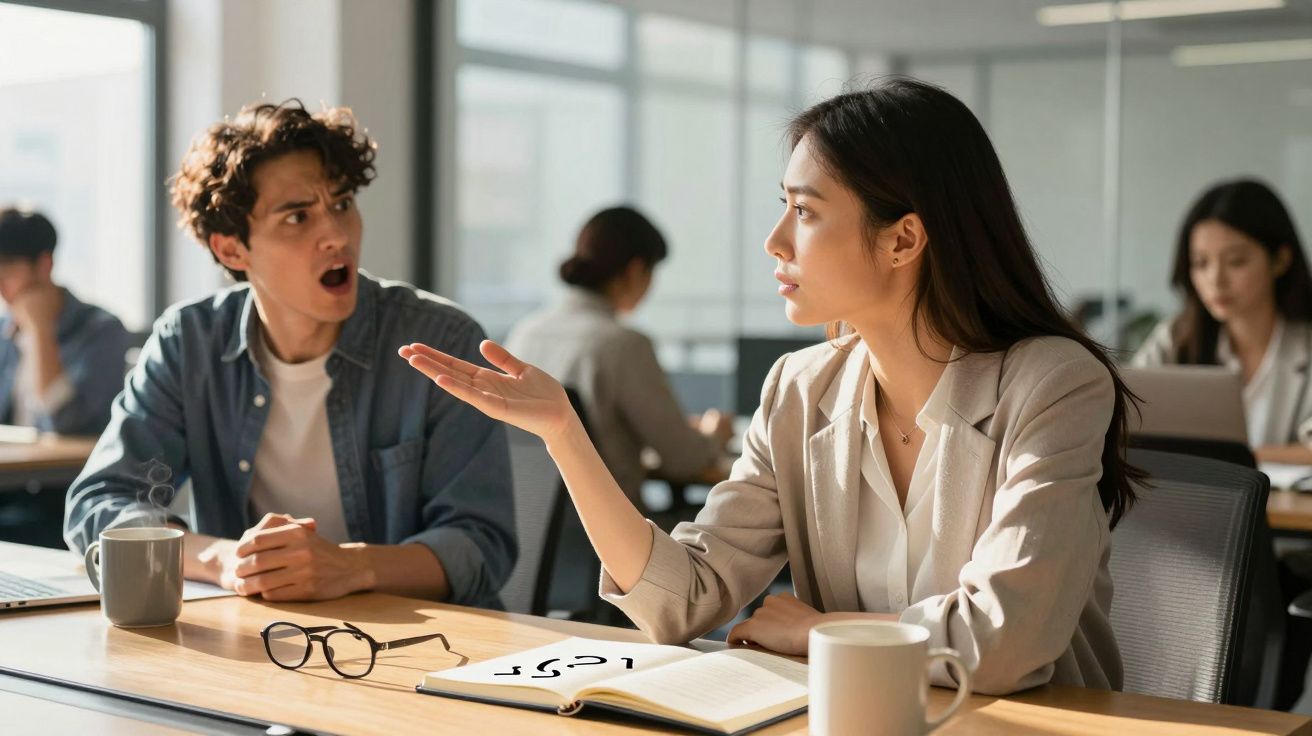 Duas pessoas discutem numa mesa de escritório, com expressão tensa, enquanto outras trabalham ao fundo.