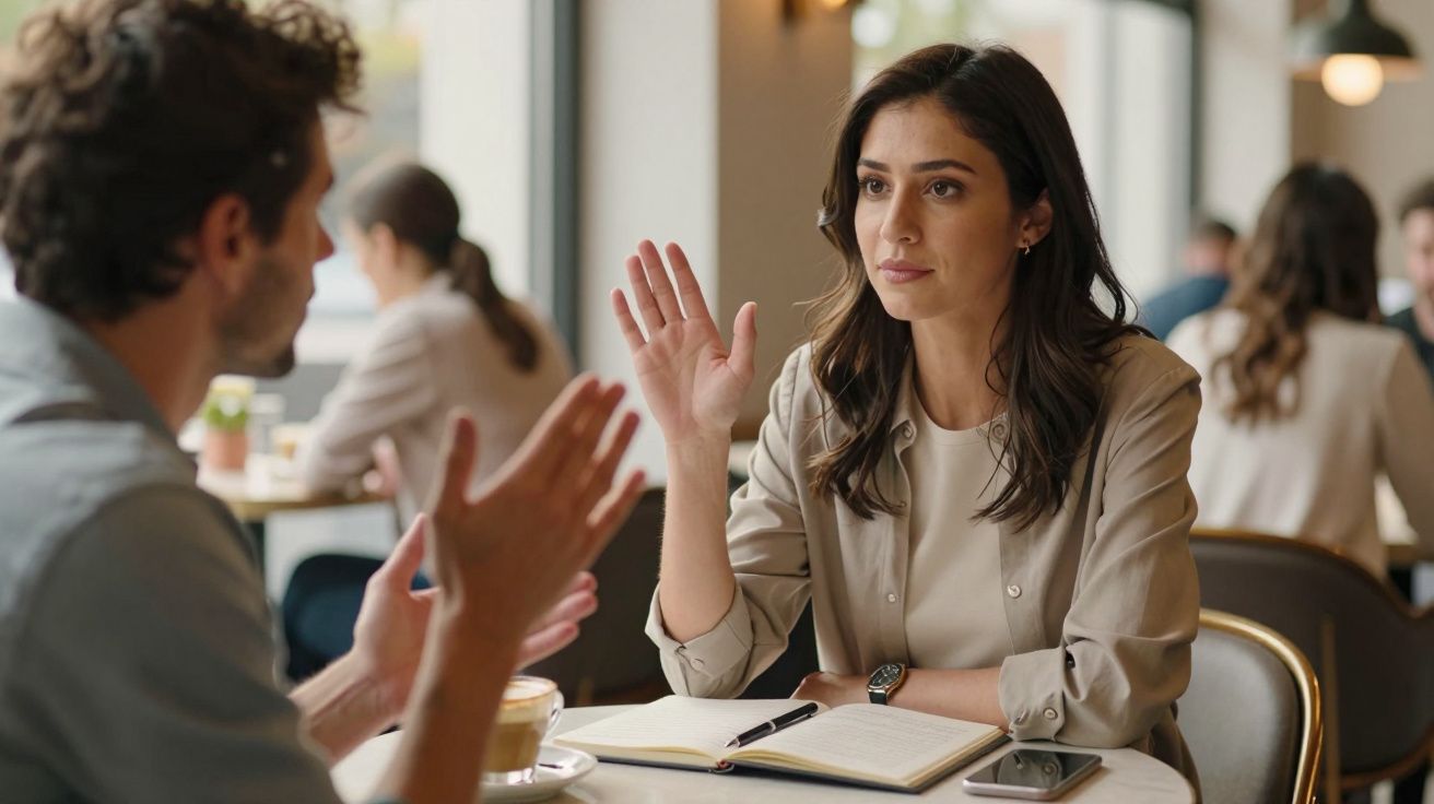 Mulher levanta a mão com expressão séria durante conversa com homem num café.