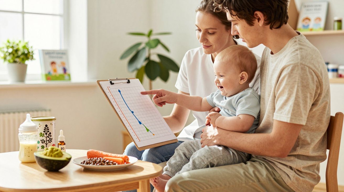 Família com bebé analisa gráfico enquanto estão sentados à mesa com alimentos saudáveis e biberões.