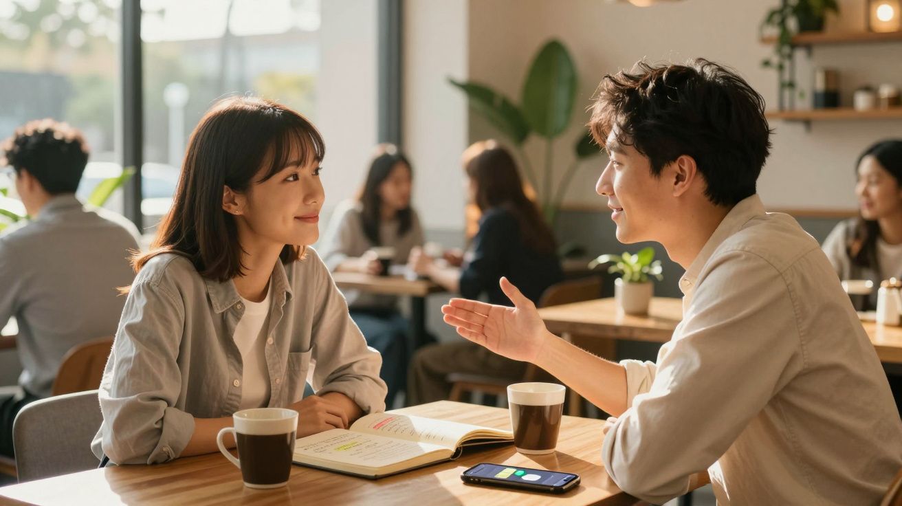 Jovens a conversar num café com livros e café sobre a mesa, ambiente iluminado e descontraído.