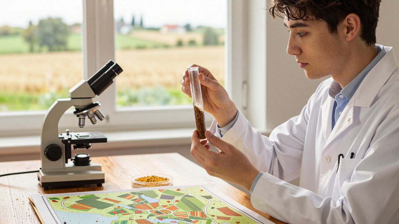 Jovem cientista analisa amostras em tubo de ensaio sentado à mesa com micrômetro e mapa agrícola.