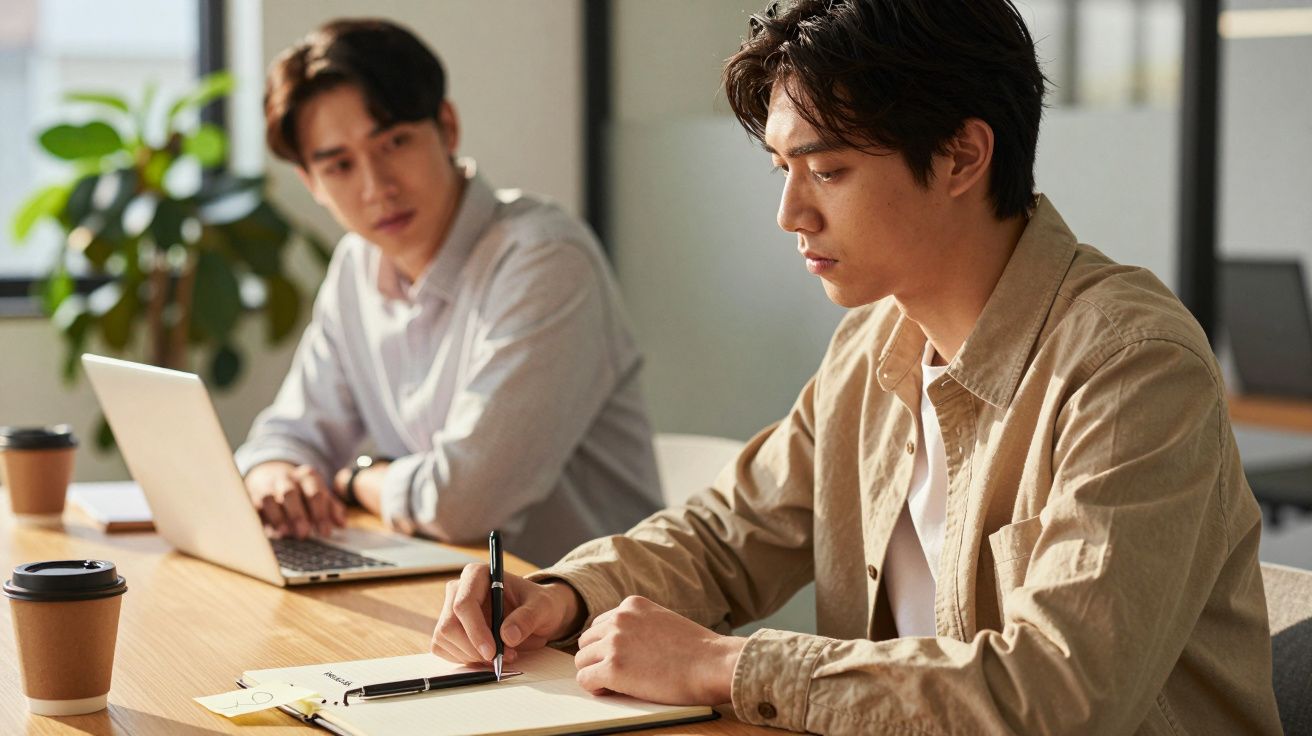 Dois homens jovens em escritório, um escreve num caderno e o outro usa computador portátil.