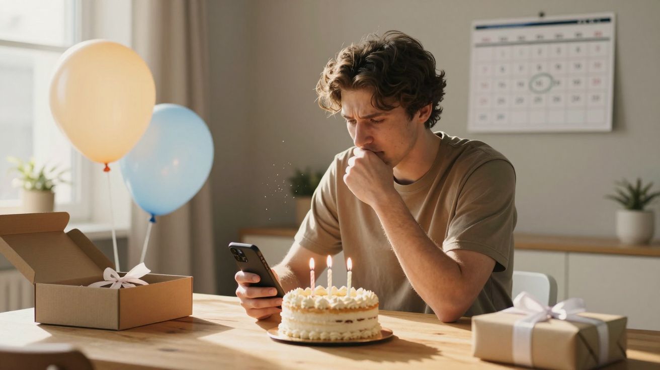 Homem triste sofre aniversário sozinho com bolo e presentes, olhando o telemóvel numa sala iluminada.