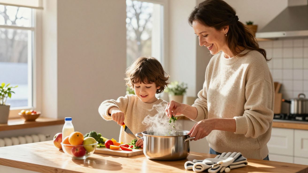 Mãe e filho a cozinhar juntos numa cozinha luminosa, com legumes e frutas na bancada.