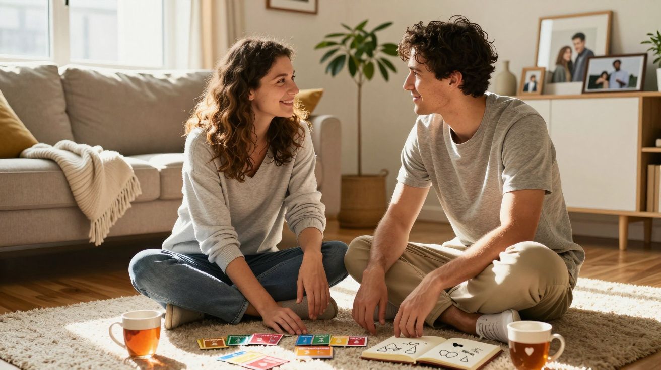 Casal jovem sentado no chão da sala a jogar um jogo de cartas e sorrir-se mutuamente.