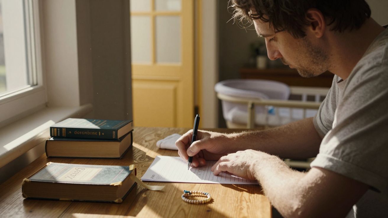 Homem sentado a escrever numa folha de papel numa mesa de madeira junto a uma janela com livros ao lado.