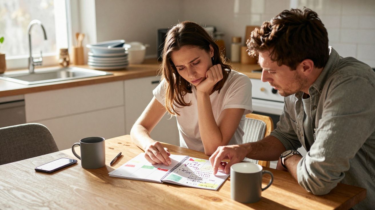 Casal sentado à mesa a analisar um caderno com planeamento e notas numa cozinha iluminada.