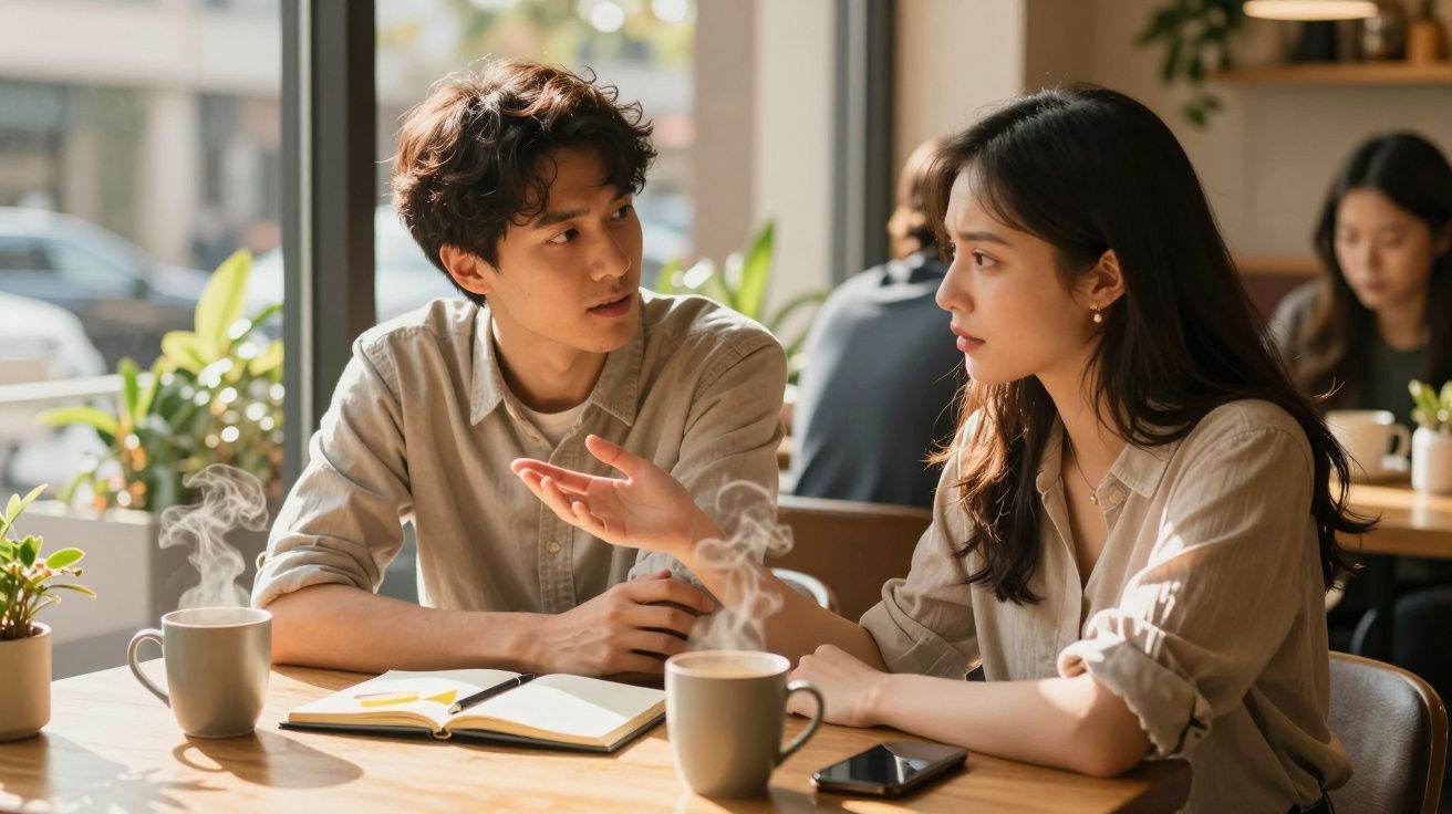 Dois jovens conversam numa cafetaria, com duas chávenas de café fumegante numa mesa iluminada pela luz natural.