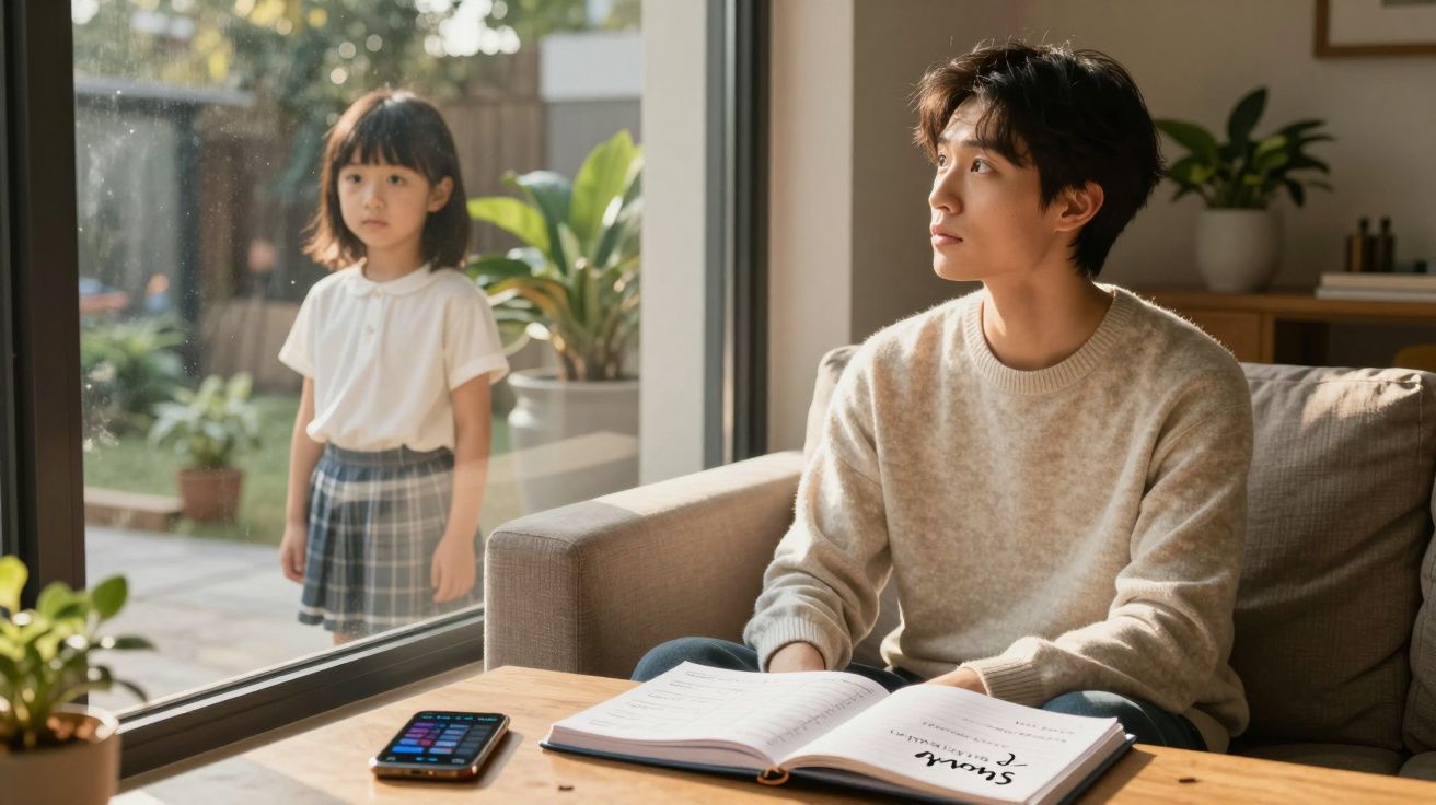 Homem sentado no sofá a ler livro, enquanto menina vê para dentro através da janela no exterior.