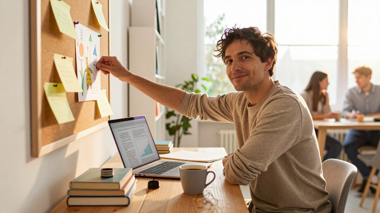 Homem a trabalhar num escritório com laptop, livros e café, a colocar um papel num quadro de cortiça.