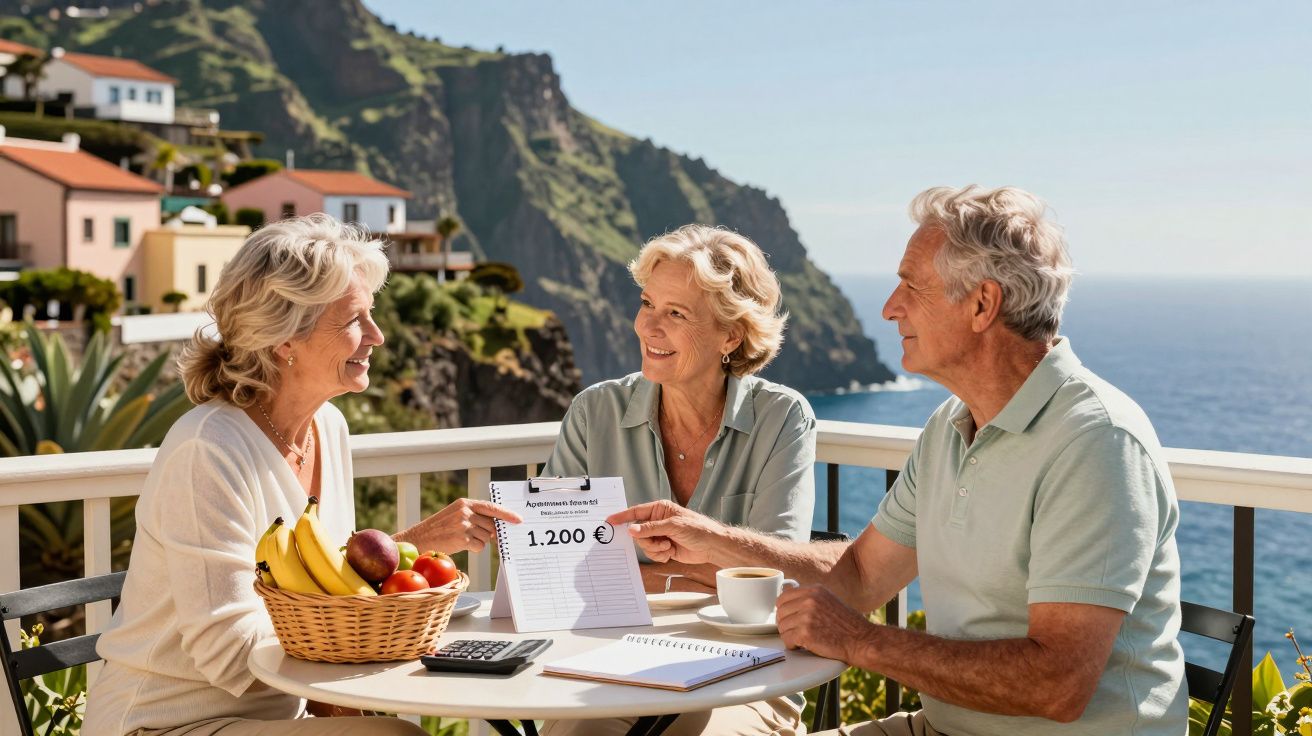 Três idosos sentados à mesa num terraço com vista para o mar, discutindo documentos e valores financeiros.