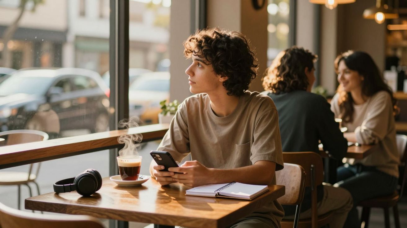 Jovem sentado numa cafetaria junto à janela, segurando telemóvel, com café, auscultadores e caderno à frente.