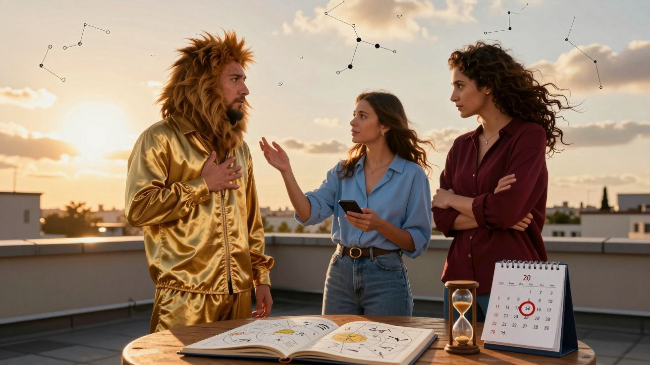 Três pessoas discutem sobre constelações, uma vestida de leão, num terraço ao pôr do sol com mapas e calendário.