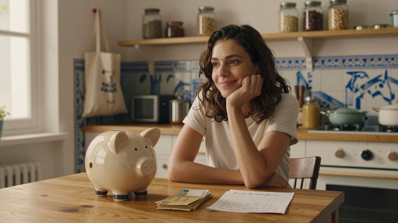 Mulher sorridente sentada à mesa da cozinha com mealheiro, notas e documento de planeamento financeiro.