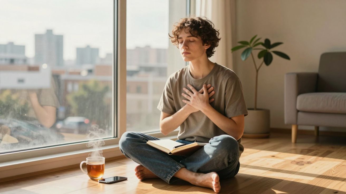 Pessoa sentada no chão junto à janela, com as mãos no peito e os olhos fechados em meditação.