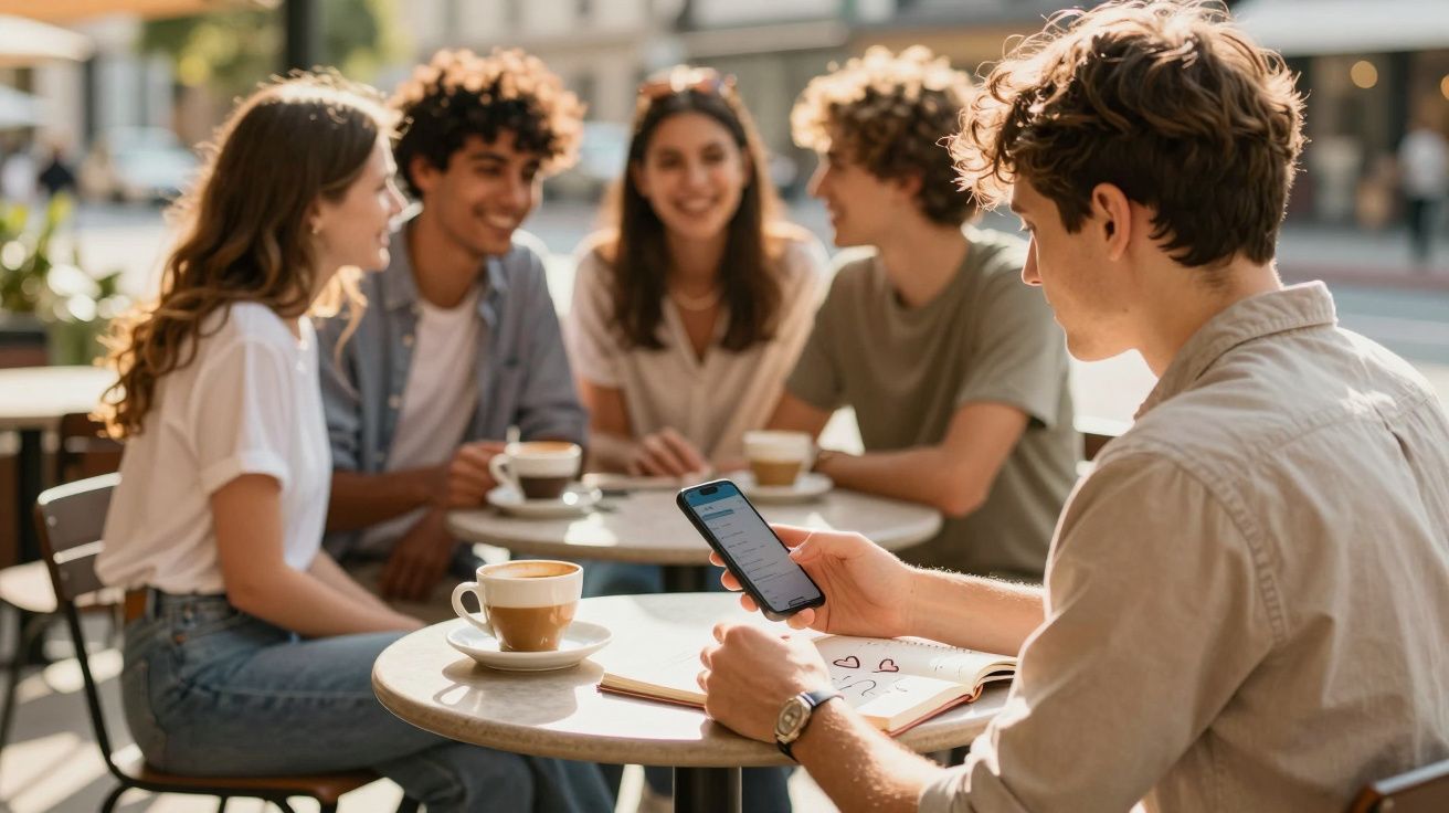 Jovem a usar telemóvel num café com grupo de amigos ao fundo, todos sentados à mesa com café.