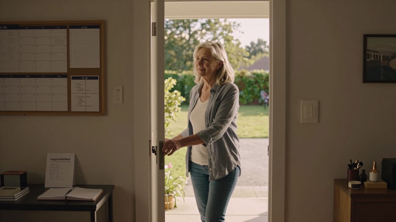 Mulher sorridente abre porta de casa, olhando para o jardim exterior num dia ensolarado.