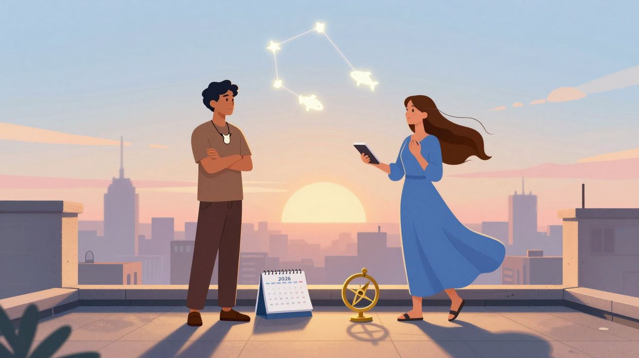 Dois jovens no terraço ao pôr do sol, com uma constelação brilhante no céu e objetos astronómicos no chão.