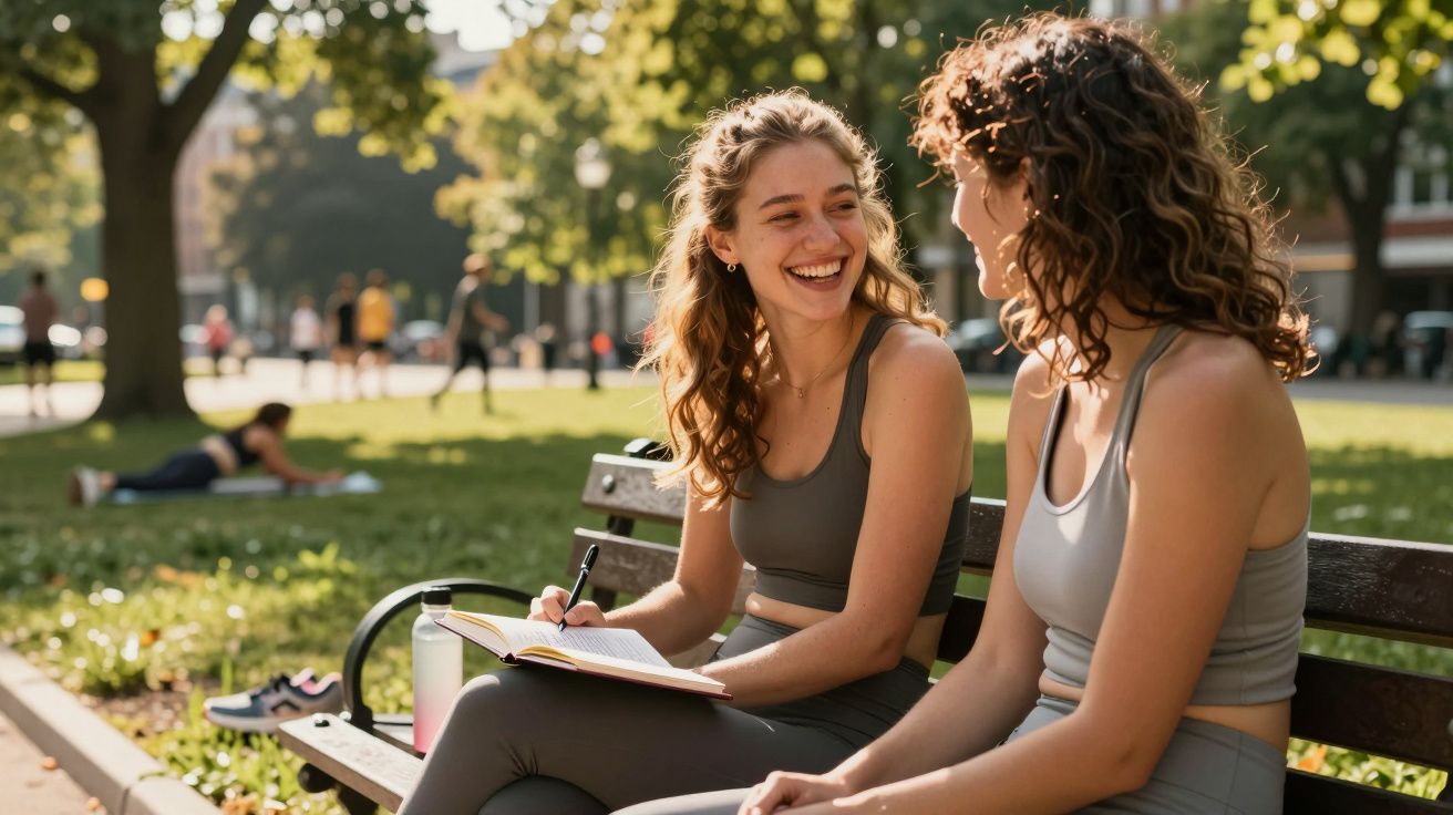 Duas mulheres sentadas num banco de parque a conversar e sorrir, com uma a escrever num caderno.