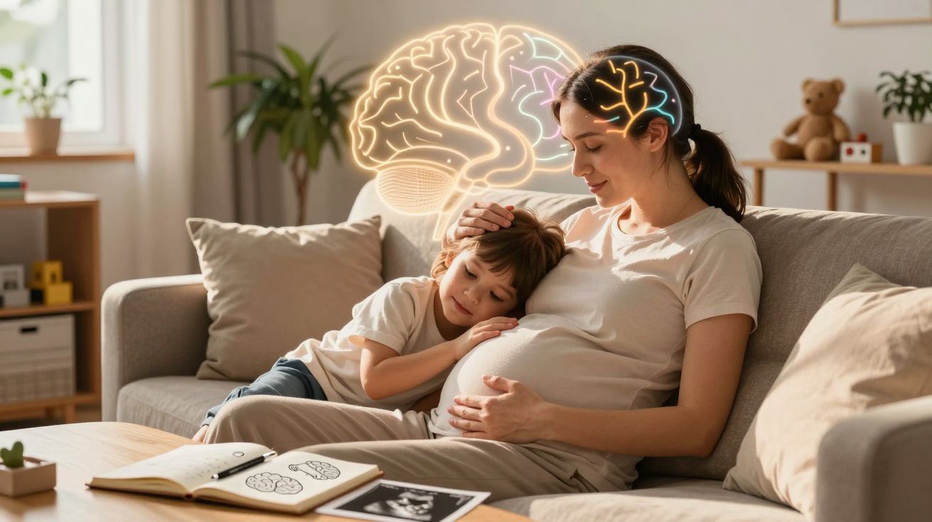 Mulher grávida e criança no sofá com ilustração de cérebro simbolizando conexão e desenvolvimento cerebral.