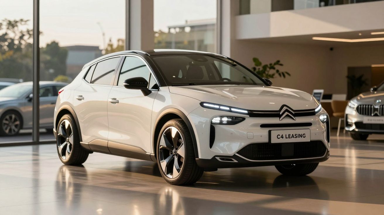 Automóvel Citroën C4 branco em exposição numa sala moderna iluminada por luz natural.