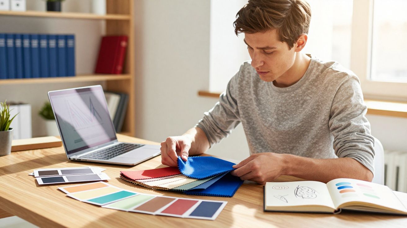 Homem jovem sentado à mesa a analisar amostras de tecidos coloridos com um portátil e cadernos à sua frente.