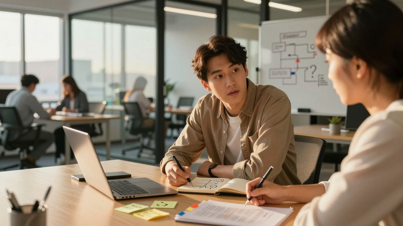 Duas pessoas a discutir ideias num escritório moderno com computador e mapa de fluxo numa sala iluminada.